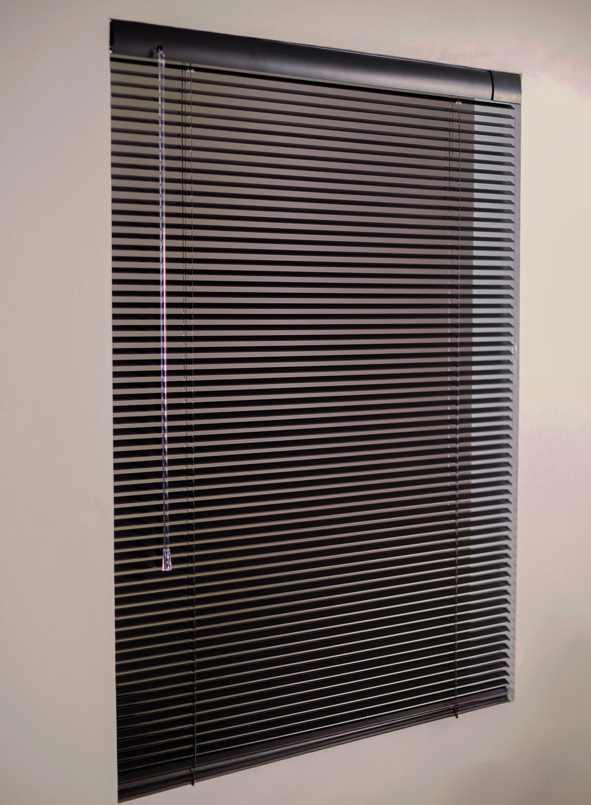Close-up of graphite venetian blind slats